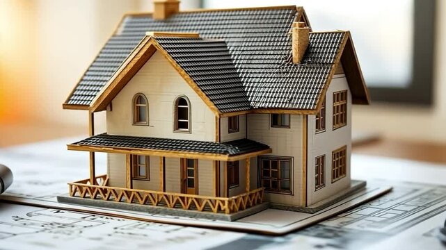Dream Home Blueprint: A miniature house model sits atop architectural blueprints, symbolizing the tangible steps towards building a dream home.  