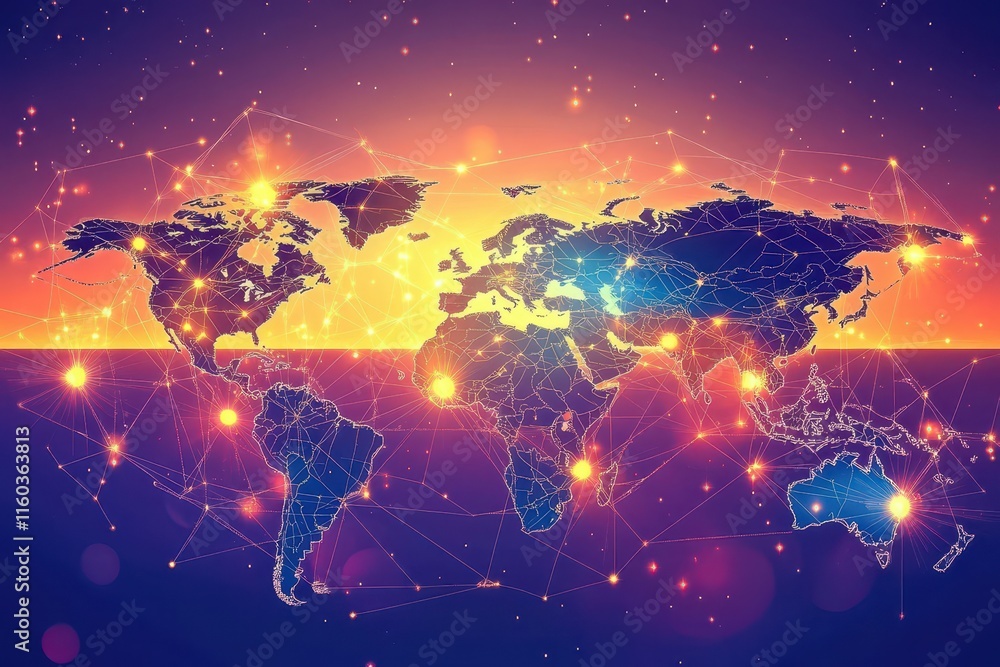 Poster global network connection, world map with glowing lines.
