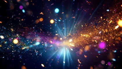 A cosmic display of floating, multicolored light fragments and sparkles against a dark background