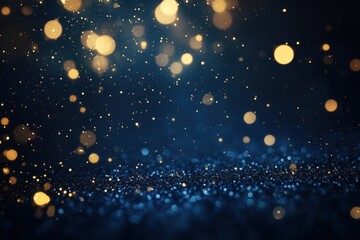 Dark blue glitter bokeh background with golden lights.