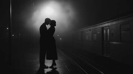 Fototapeta premium Silhouetted couple embracing at a foggy night train station platform.