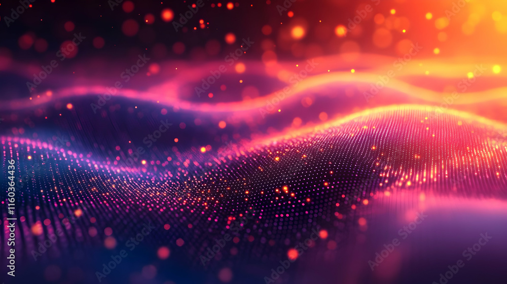 Poster abstract digital waves with glowing particles in a vibrant color palette.