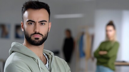 Obraz premium Close-up Photo: Intensely Focused Man, Arguing Couple Blurred Background. AI Generated