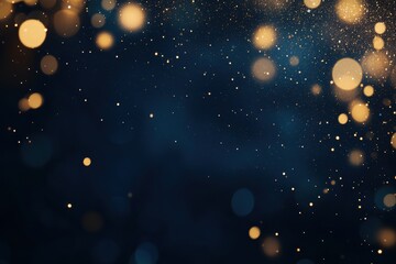 Abstract dark blue background with gold bokeh lights and sparkles. (2)