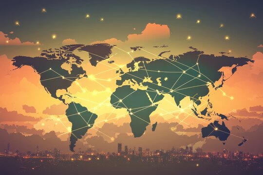 Global network connection, world map with city skyline at sunset. - Powered by Adobe