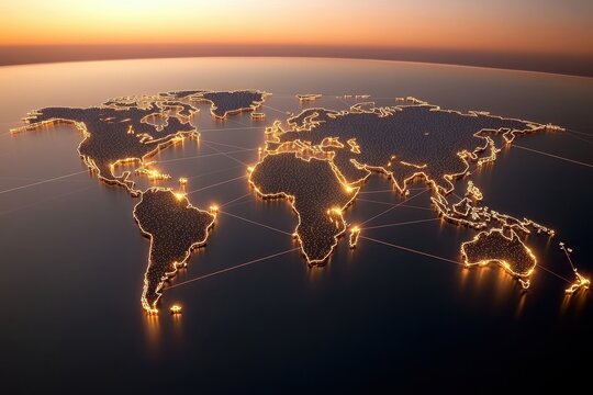 Illuminated world map with connection lines, showcasing global network at sunset.