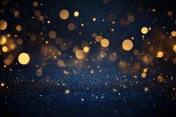 Abstract dark blue background with gold glitter and bokeh lights.