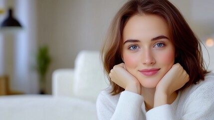 Naklejka premium Close-up Photo: Serene Woman Smiling Gently in Cozy Home Interior. AI Generated