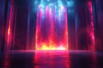 A vibrant, surreal scene featuring colorful light beams and reflections in a mystical environment.