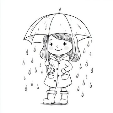 recommend clip art: Rainy Day Fun: Cute girl in raincoat and boots under umbrella 