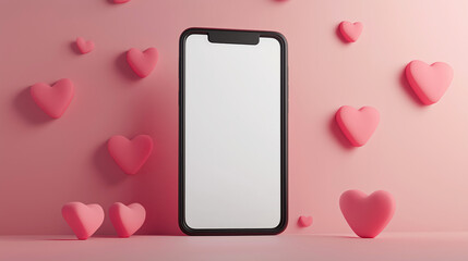 Mobile phone mockup with hearts and pastel pink background. Valentine's day banner with a smartphone with blank screen template