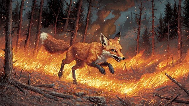Fiery Escape: A Fox's Flight Through a Forest Fire
