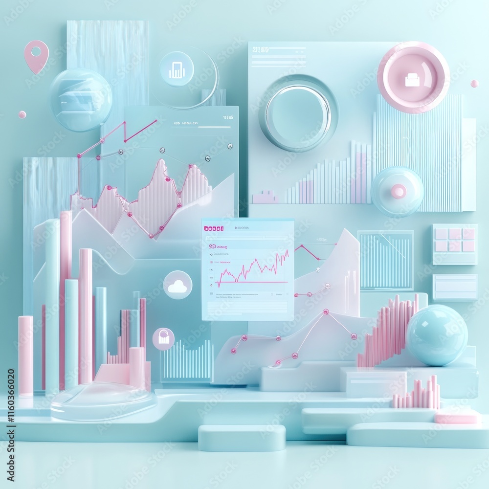Poster pastel 3d data visualization charts and graphs.