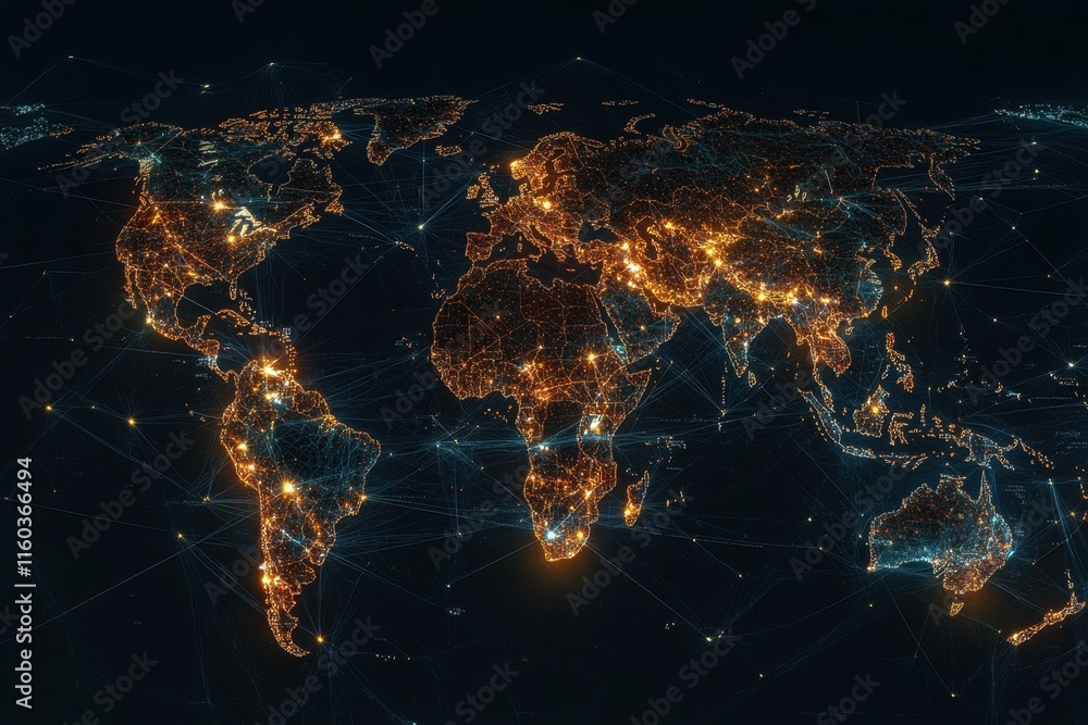 Poster global network connections illuminated on a world map.