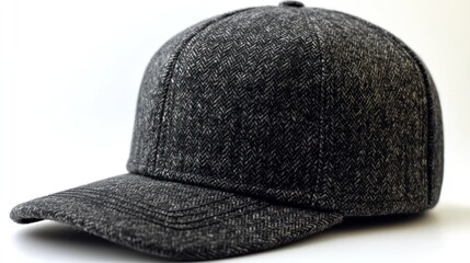 Gray herringbone patterned wool baseball cap.