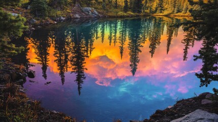 Vibrant sunset reflected in a calm mountain lake, surrounded by evergreen trees.