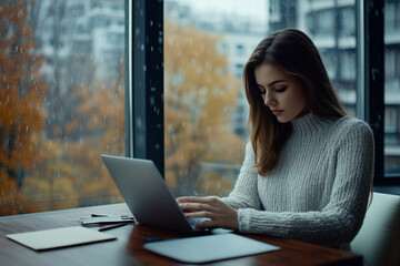 woman in office at work during rain outside