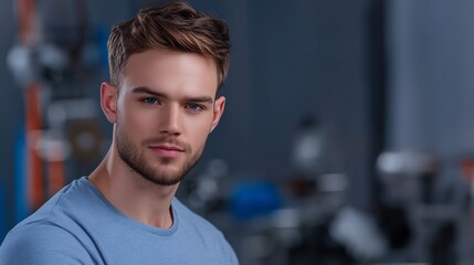 Fototapeta premium Close-up Photo: Confident Young Man Posing Seriously in Industrial Setting. AI Generated