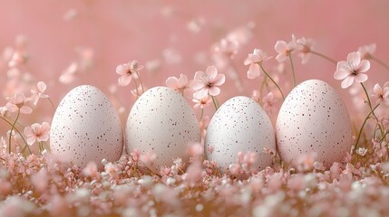 Pastel pink speckled Easter eggs nestled in delicate pink flowers.