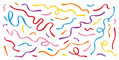 colorful party ribbon confetti vector set.  celebration anniversary birthday event festive celebrate congrats surprise graphic design art illustration party popper flow line paper shoot doodle victory