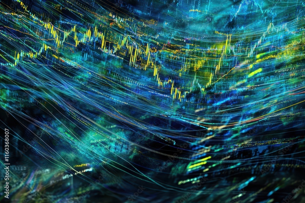 Poster abstract financial data visualization with flowing lines and charts.