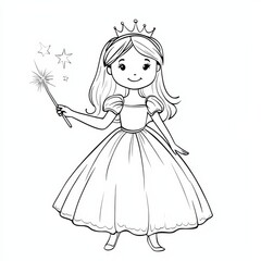 Fototapeta premium Whimsical Princess Illustration: A captivating illustration of a princess adorned with a crown, radiating an aura of enchantment as she holds a magic wand, evoking a sense of fairytale wonder.