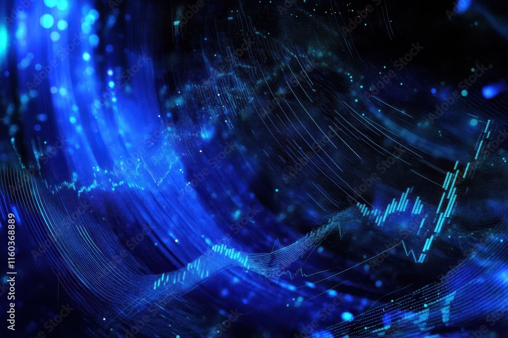 Poster abstract blue digital wave background with data and glowing particles.