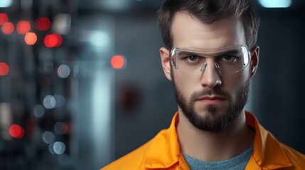 Obraz premium Close-up Photo: Focused Industrial Worker Intensely Gazing in Factory Setting. AI Generated
