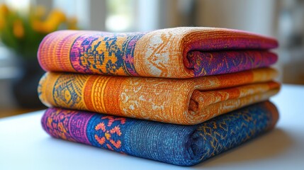 Three colorful patterned textiles stacked neatly.