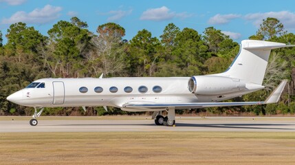 White private jet on tarmac, sunny day.