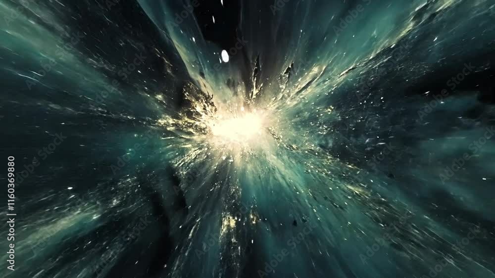 Poster an abstract scene resembling a cosmic phenomenon. in the center there is a bright flash of light, fr