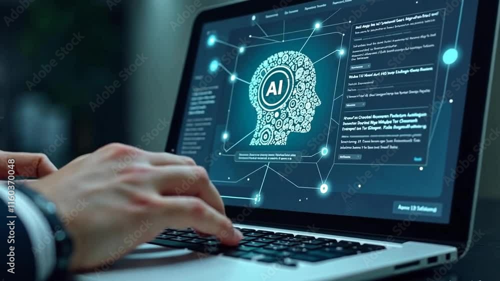 Poster a person working on a laptop. the laptop screen displays a graphic image of a human profile with a d