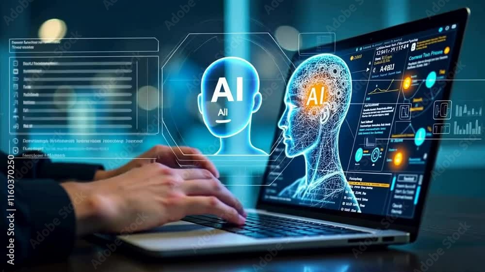 Poster a person working on a laptop. the laptop screen displays a graphic image of a human profile with a d