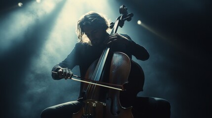 Fototapeta premium Cellist performing on stage, dramatic lighting, musical instrument.