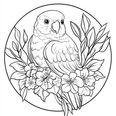 Obraz premium Parakeet and Blossoms: Elegant line art illustration of a parakeet perched amidst delicate cherry blossoms, creating a serene and artistic scene.