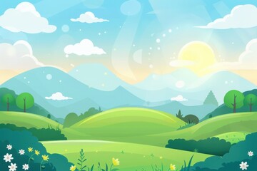Obraz premium Cartoon Landscape with Rolling Hills, Green Grass, and a Sunny Sky