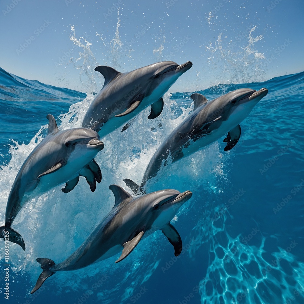 Wall mural a group of dolphins leaping out of sparkling blue water.