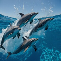 Obraz premium A group of dolphins leaping out of sparkling blue water.