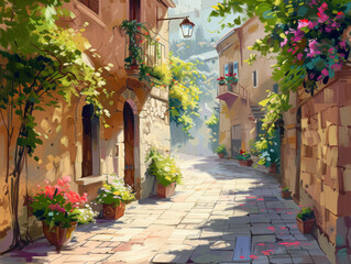 Fototapeta premium Mediterranean style street view oil painting style