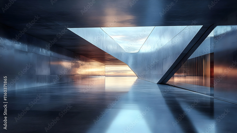 Aufkleber modern architecture building with sunset view and sleek design in futuristic style.