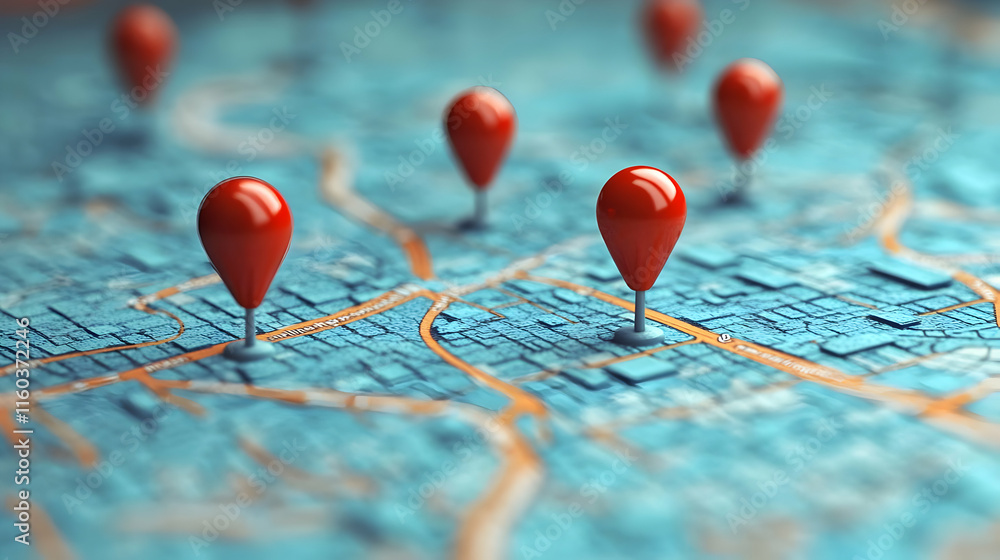 Poster red location pins mark destinations on a 3d city map, showing points of interest for navigation.