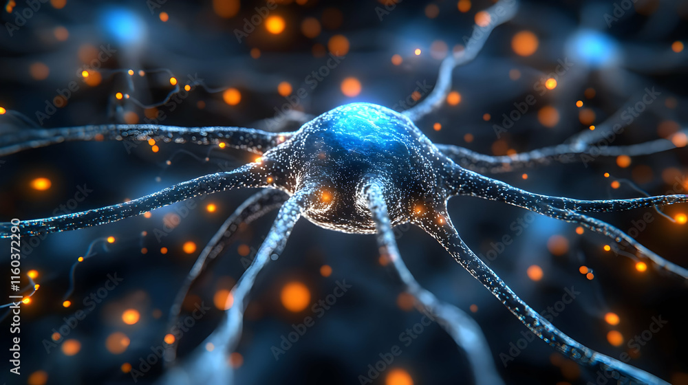 Poster glowing neuron transmits signals efficiently in a complex network illustration.