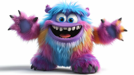 3D Colorful Furry Monster Opens Its Mouth Wide and Reaches Out with Claws Playfully on a White Background.