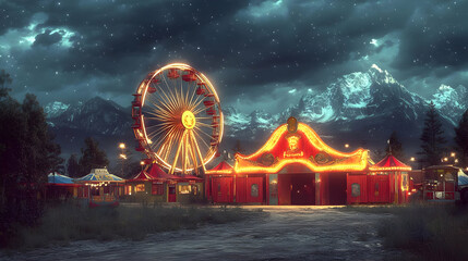 Illuminated Carnival at Night with Ferris Wheel Beneath a Starry Sky and Majestic Mountains