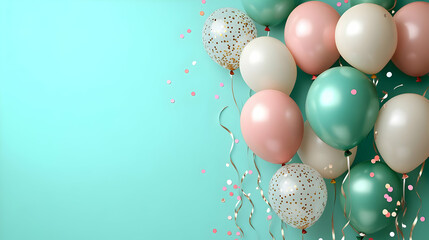 Balloons and confetti create a festive background scene beautifully.