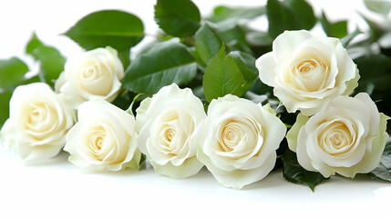 Beautiful Bouquet of White Roses Lies Gracefully on a White Background with Lush Green Leaves