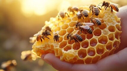Close-up of honeycomb with honey and bees in hand at sunset.