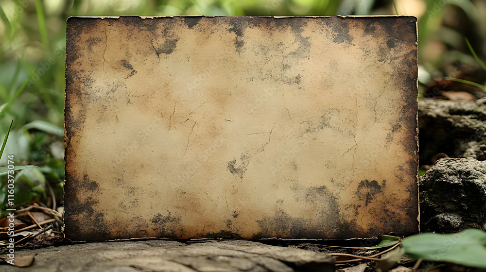 Poster Old Burnt Paper Rests on a Log in the Forest Displaying a Grunge Aesthetic with Charred Edges.