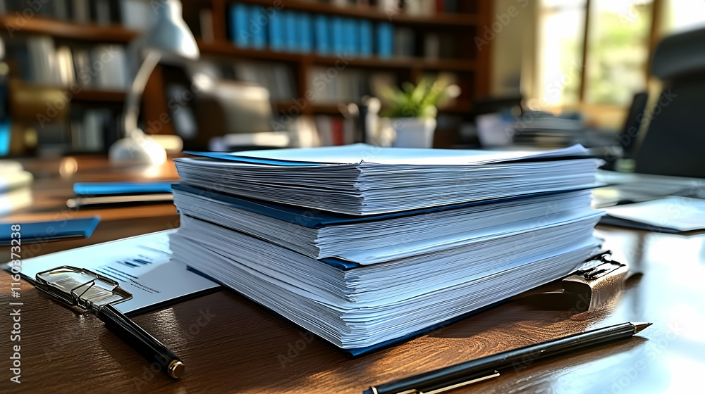 Poster stacks of paper documents sit on a wooden desk in an office setting with bookshelves in background