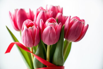 Naklejka premium Bright pink tulips in a bouquet tied with a red ribbon - close-up